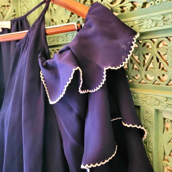 Parker | Silk Women's Cold Shoulder Ruffle 3/4 Sleeve Blouse | Navy Blue | Large - Picture 5 of 12